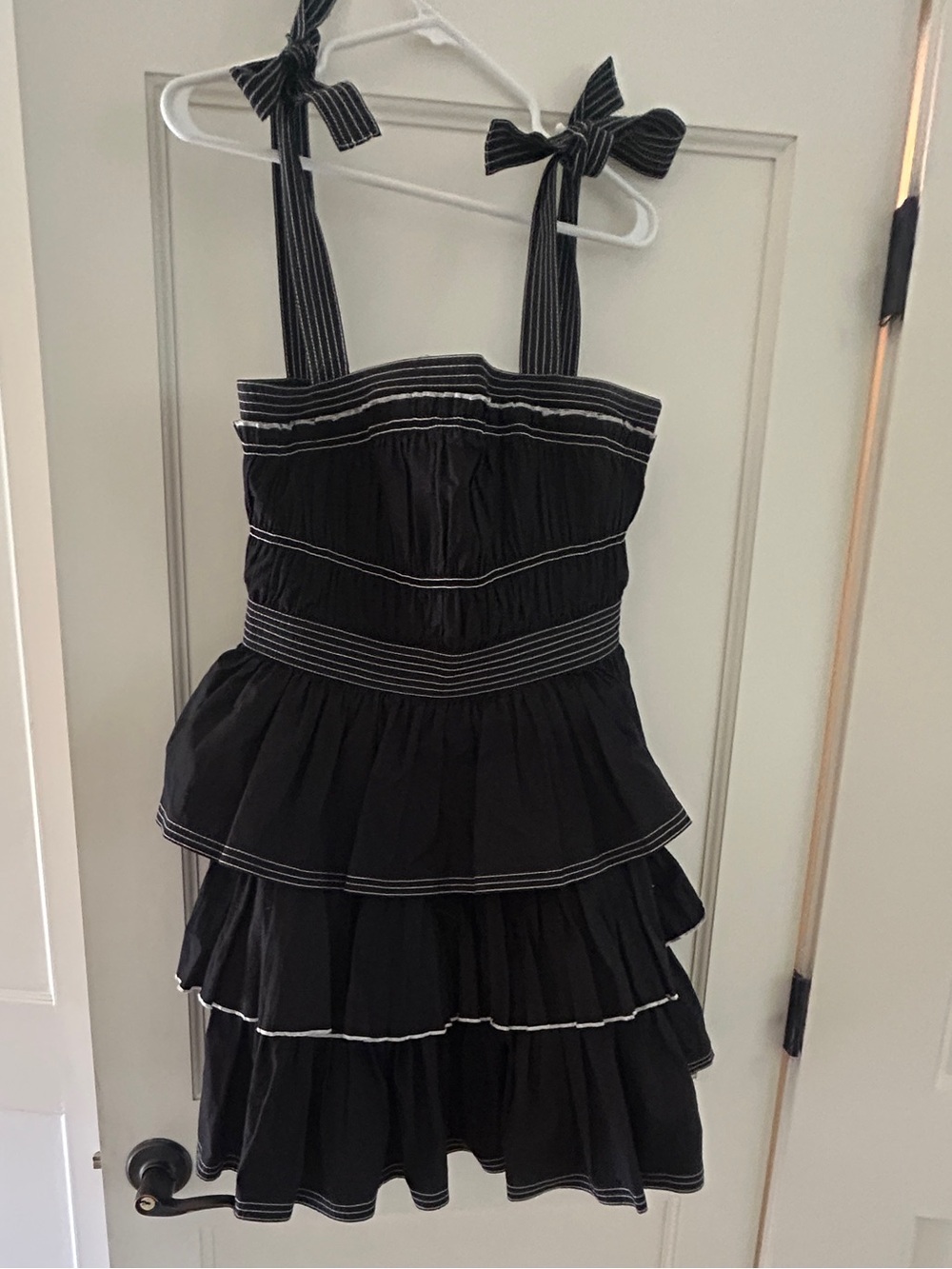 HUNTER BELL Black Cotton Contrast Stitching ruched Tiered Mini Dress | Size 8
